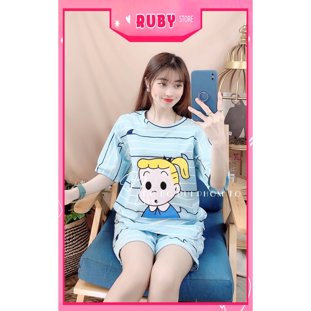 Đồ bộ nữ mặc nhà phom to chất thun mềm mát phối sọc in hoạt hình dễ thương TP84