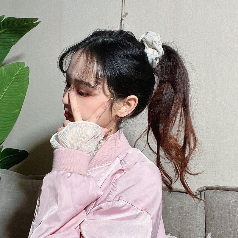 Dây buộc tóc vải bản lớn họa tiết caro phong cách Hàn Quốc ngọt ngào thời trang cho nữ