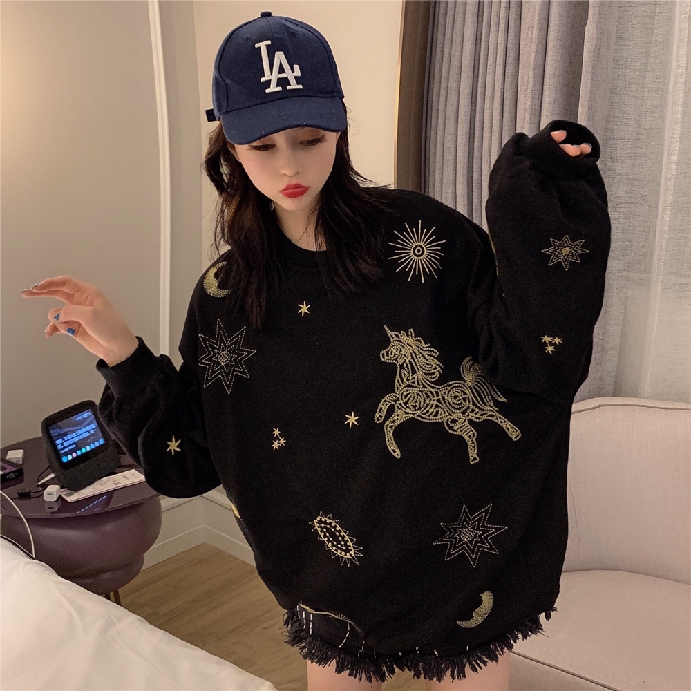 Áo Sweater Cổ Tròn Dáng Rộng Thêu Họa Tiết Xinh Xắn Cho Nữ 2019