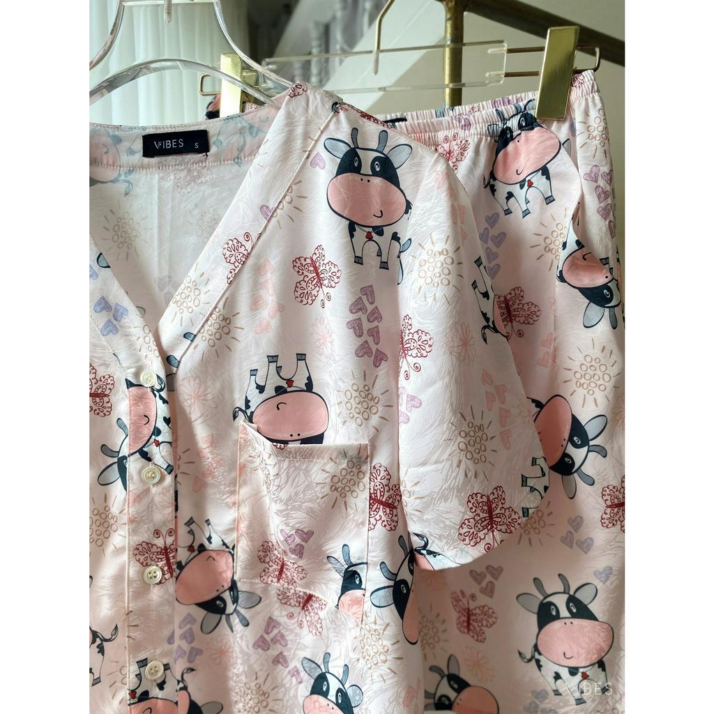 VIBES Pijama lửng lụa gấm Little Cow Py Set