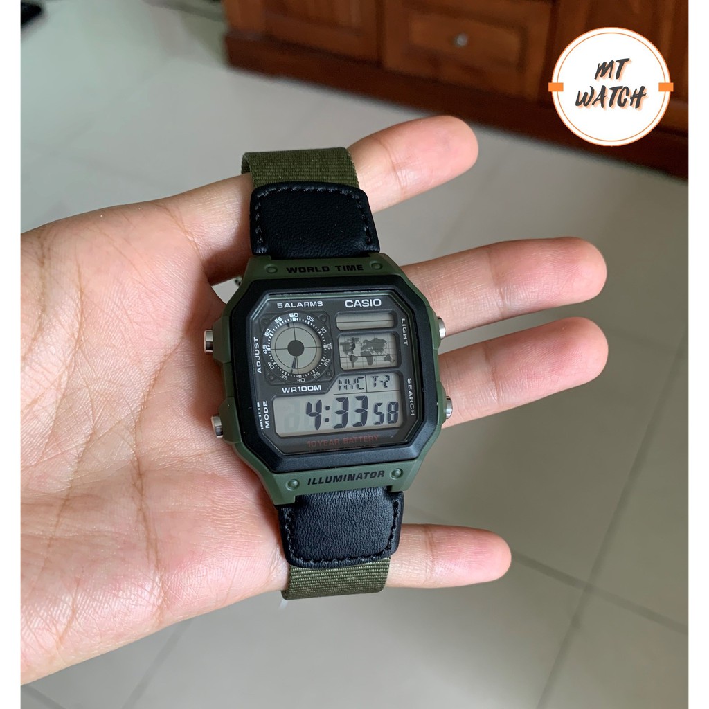 Đồng hồ Casio Nam AE-1200 dây vải thiết kế mặt vuông cổ điển chống nước - pin 10 năm xài siêu bền