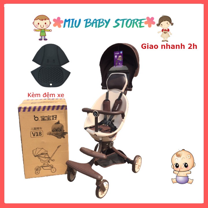 Xe đẩy baobaohao V18 cho bé xe gấp gọn đảo chiều cải tiến 5 chế độ ngả lưng kèm gối da và đệm ngồi