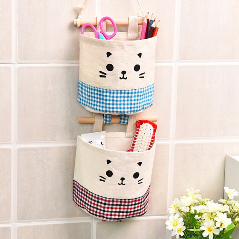 Puppy And Kitty Dễ thương treo tường tổ chức Cotton vải lanh treo tường túi lưu trữ