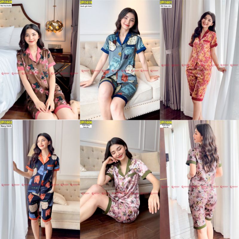 Bộ Pijama Lụa Lửng Hoạ Tiếp CARDINA Chất Vải Lụa Satin Nhật Cao Cấp Kiểu Dáng Trẻ Trung Năng Động