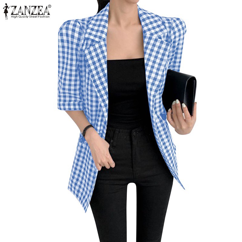 Áo khoác vest ZANZEA tay dài họa tiết sọc caro dạng nút cài thời trang cho nữ