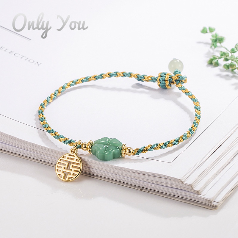 Vòng Đeo Tay Dây Bện 18K Phối Mặt Đá Ngọc Bích Màu Vàng Kim