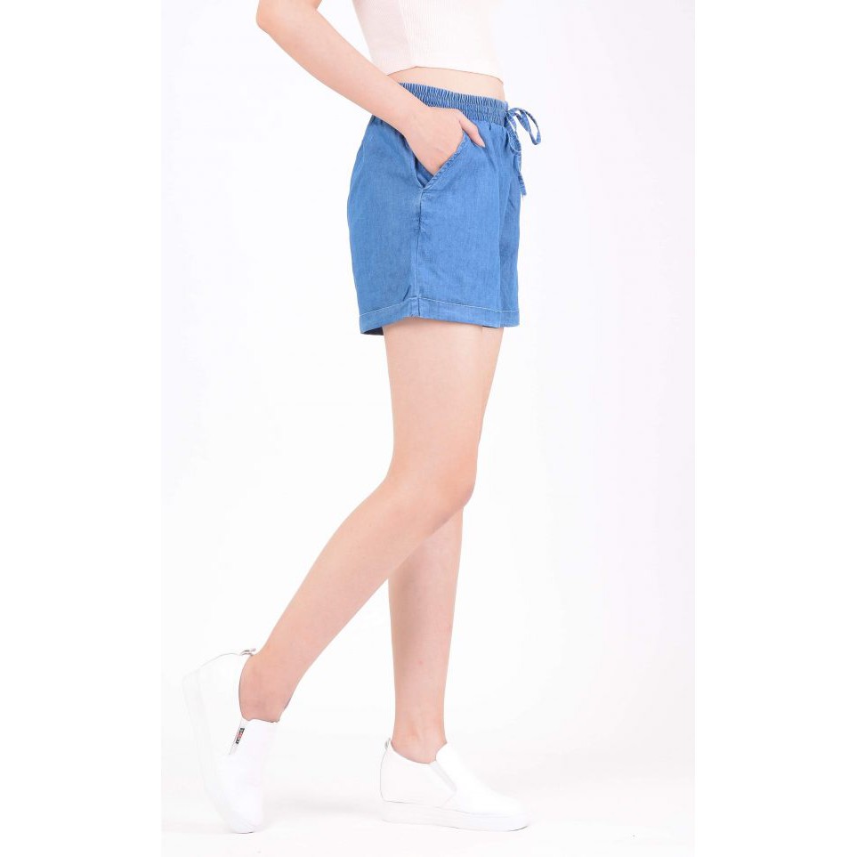 Quần sọt jean nữ lưng thun vải co giãn thắt dây nơ