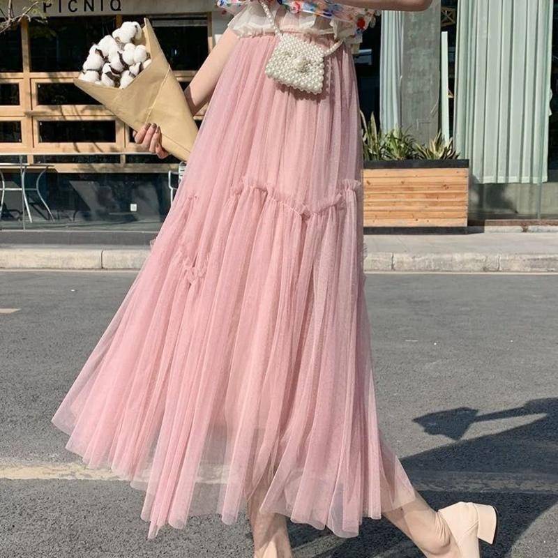 Chân Váy Lưới Dài Qua Gối Màu Hồng Phong Cách Công Chúa Cho Nữ