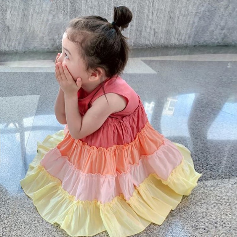 Đầm công chúa cổ tròn màu sắc cầu vồng thay đổi theo nhiệt độ đáng yêu cho bé gái