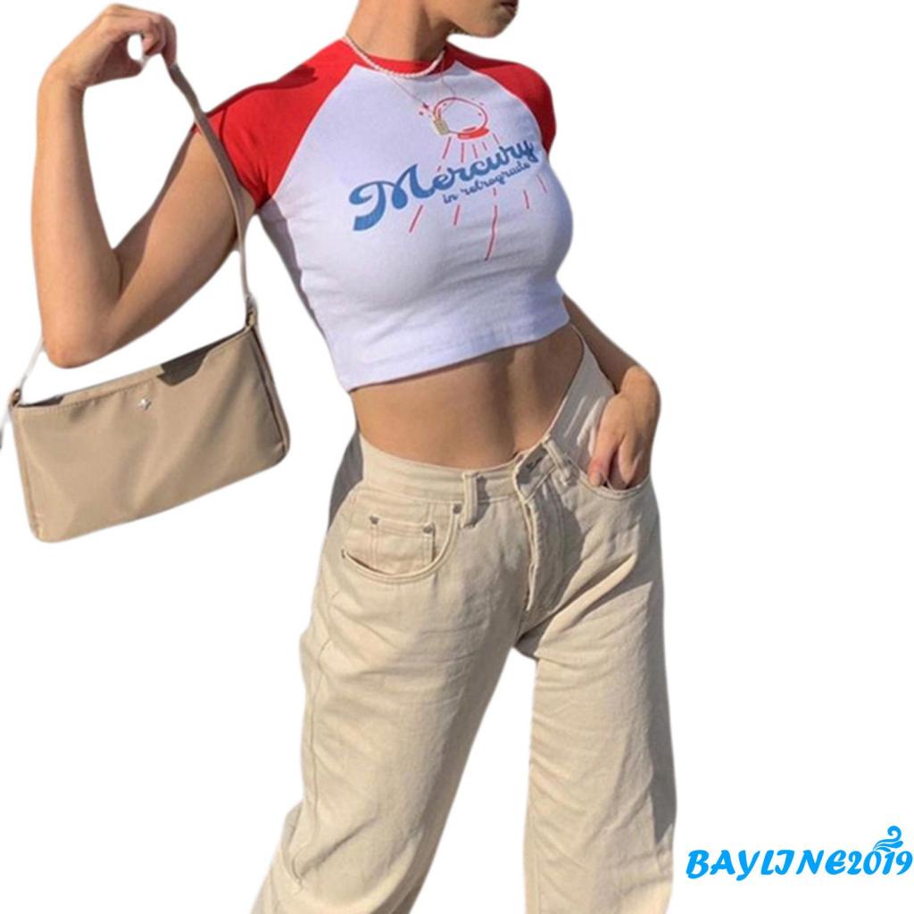 Áo Thun Lửng Tay Ngắn Cổ Tròn In Họa Tiết Chữ Dành Cho Nữ