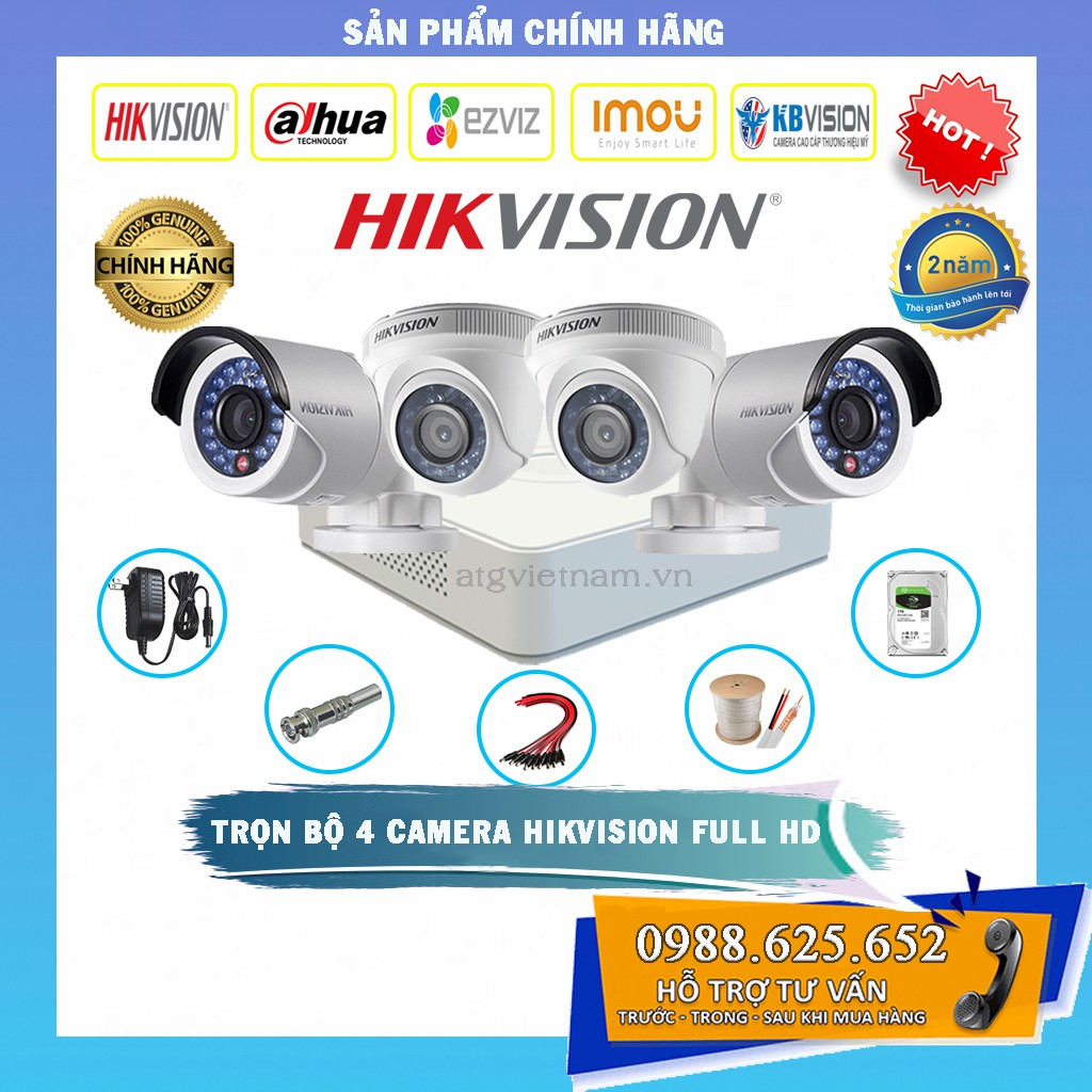 [Mua lẻ được giá sỉ] Trọn bộ 4 camera Hikvision Full HD 1080P - Hàng chính hãng - Tặng 60m dây liền nguồn xịn + 4 hộp kt