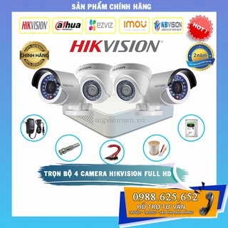 [Mua lẻ được giá sỉ] Trọn bộ 4 camera Hikvision Full HD 1080P - Hàng chính hãng - Tặng 60m dây liền nguồn xịn + 4 hộp kt