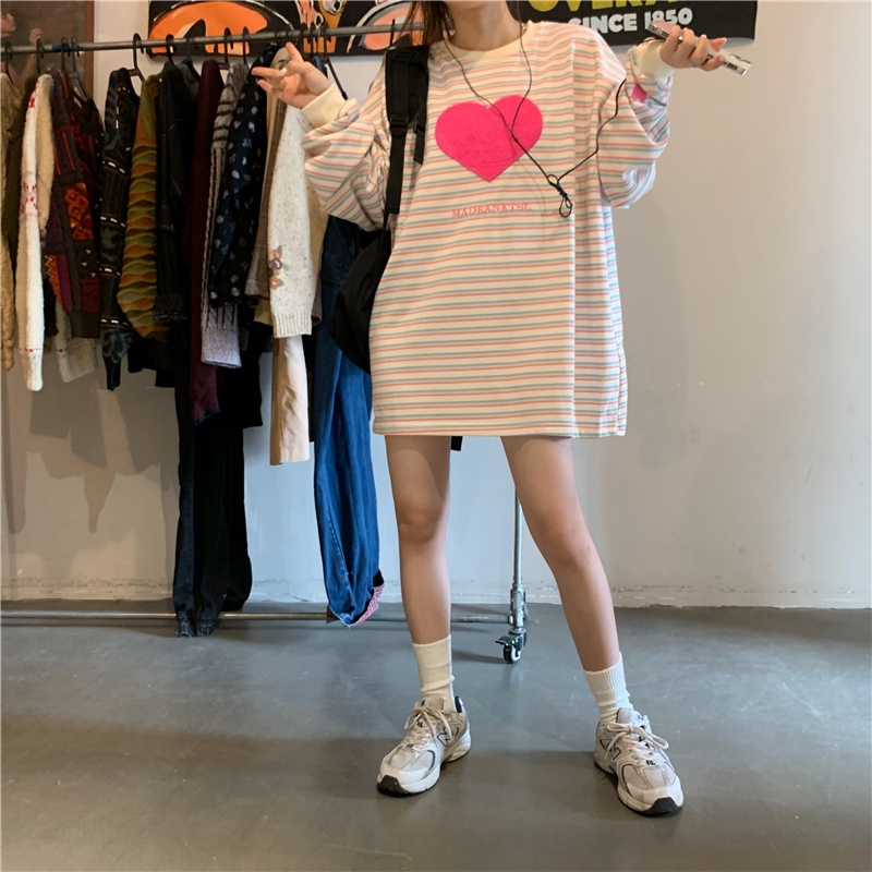 Áo Thun Tay Dài Cổ Tròn Kẻ Sọc Thêu Họa Tiết Thời Trang Hàn Quốc 2 Màu Tùy Chọn Cho Nữ | BigBuy360 - bigbuy360.vn