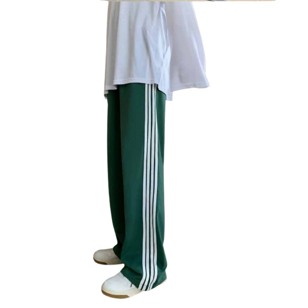 Quần ống rộng nam nữ 4 sọc xanh rêu ve chai dáng suông nỉ bông, quần suông nam nữ ống rộng unisex thể thao