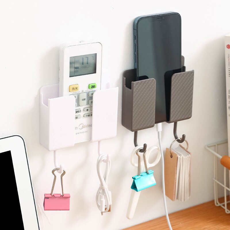 1 CÁI Punch Hộp Lưu Trữ Gắn Trên Tường Miễn Phí Của Giá đỡ điều Khiển Từ Xa Giá Lưu Trữ điện Thoại Với 2 Móc