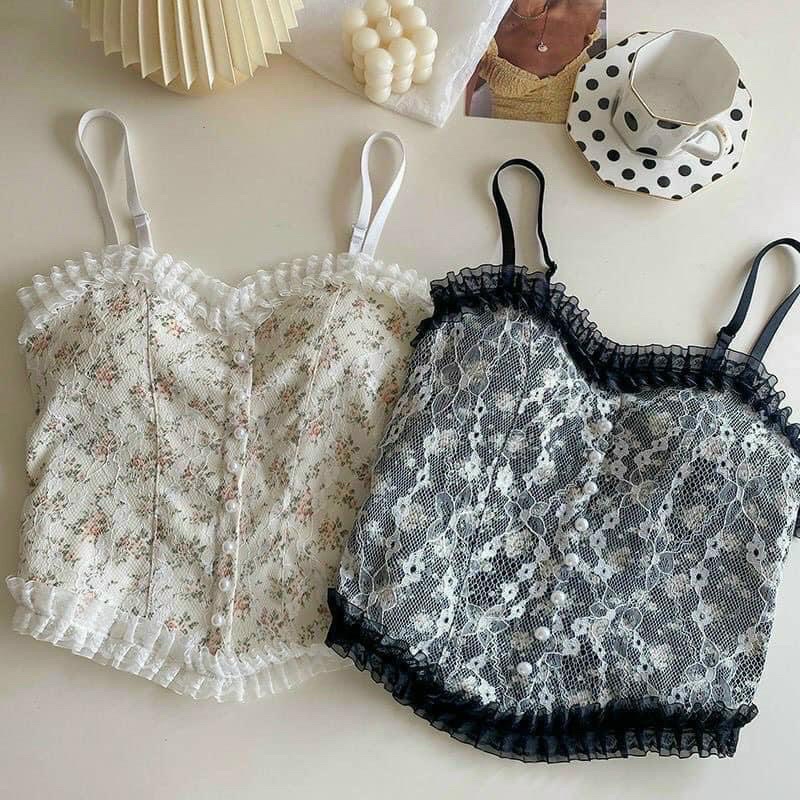 Áo bra ren hoa nhí cúc ngọc tiểu thư, áo corset ren đính ngọc Quảng Châu