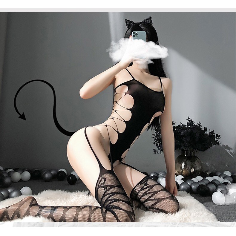 Đồ ngủ nữ khiêu gợi Cosplay bó sát hở eo dây đan thun lưới ôm body