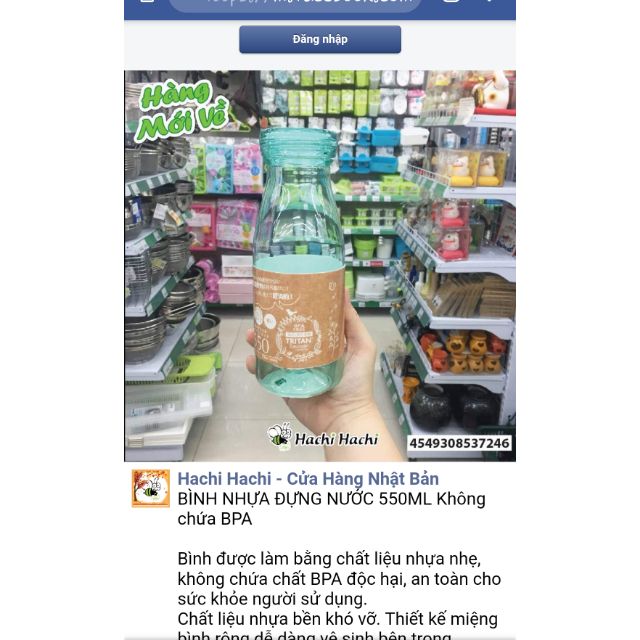 Bình đựng nước 550ml free BPA hàng nhật bản của siêu thị Hachi Hachi