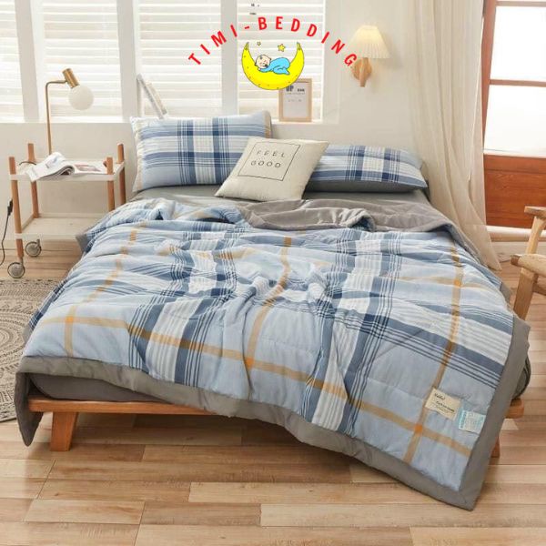 Bộ chăn ga gối cotton tici chăn trần kẻ cao cấp nhập khẩu 4 món – drap trải giường – Timibedding