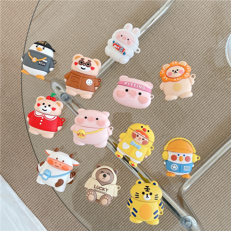 Cute Cartoon Animal Zoo Tiger Lion Bear Pig Rabbit AirPods Pro Case Anti-drop Silicone Protective Cover with Carabiner