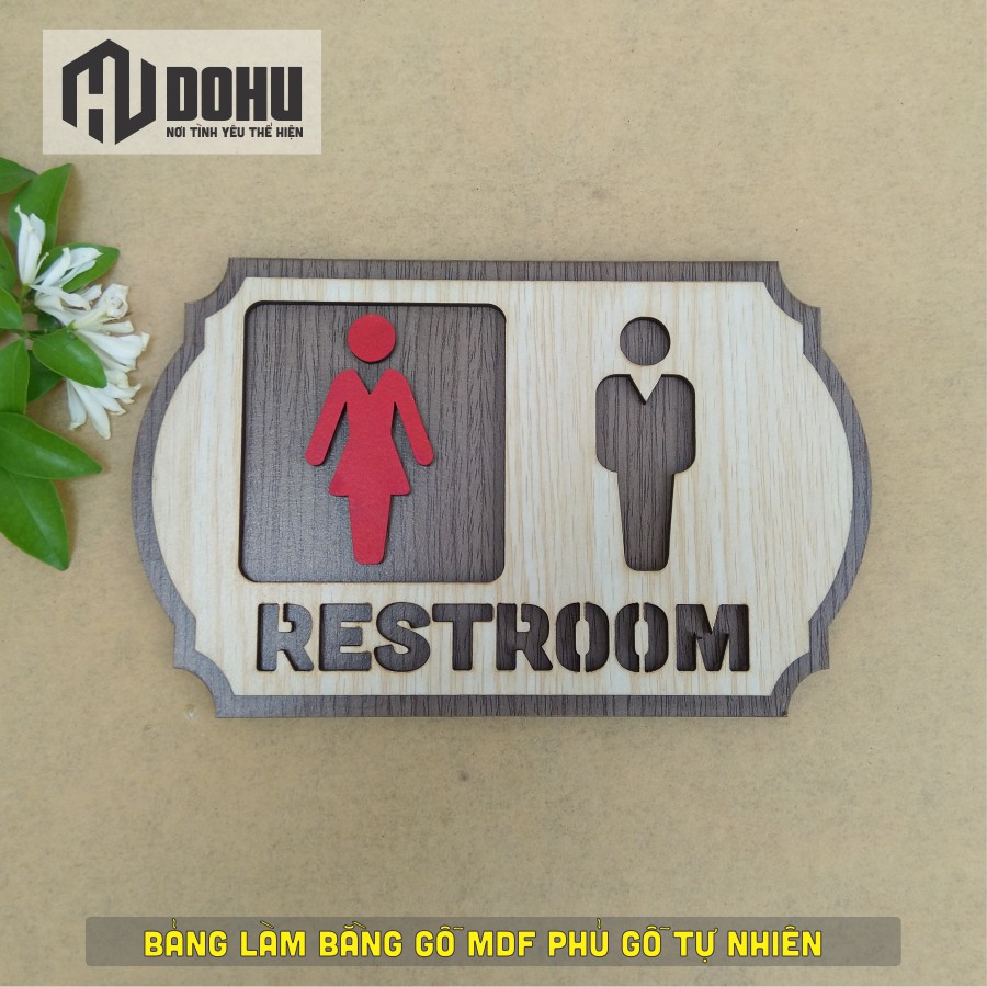 Bảng Restroom Treo Nhà Vệ Sinh, Nhà Tắm, Toilet, WC [DOHU322] Làm Bằng Gỗ Cắt Laser 3D Chìm Nổi (Có băng keo 2 mặt)