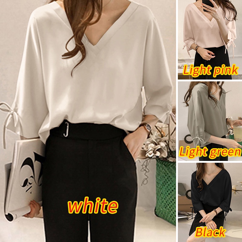 Áo ZANZEA tay 3/4 cổ chữ V màu trơn phong cách Hàn Quốc thời trang dành cho nữ