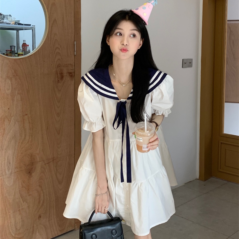 IELGY Đầm Dáng Rộng Màu Trắng Cà Vạt Màu Xanh Navy Thời Trang Cho Nữ