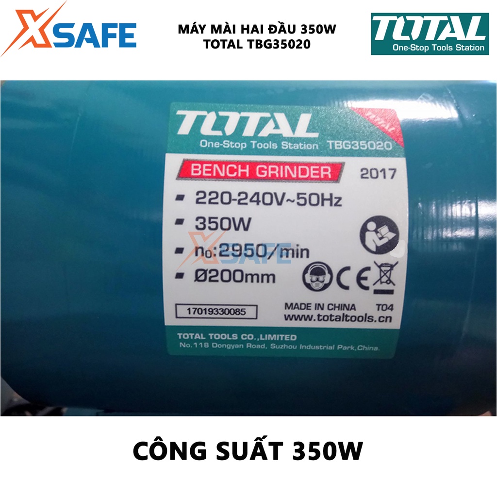 Máy mài 2 đá TOTAL TBG35020 220V 2 đầu mài, nguồn vào định mức 350W, tốc độ không tải 2950 phút, kích thước đá mài 200mm