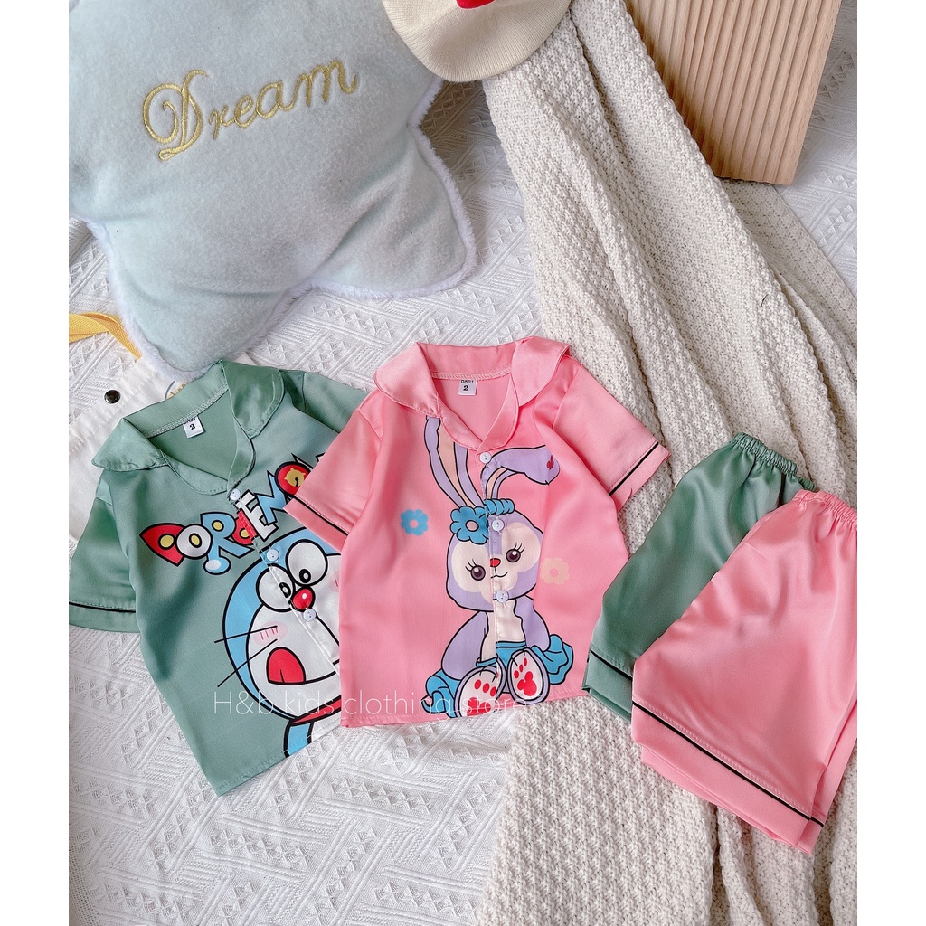 Bộ đồ pijama bé gái quần áo trẻ em cộc đùi mặc nhà đi ngủ chất liệu lụa cao cấp cực mềm mát họa tiết hoạt hình đáng yêu