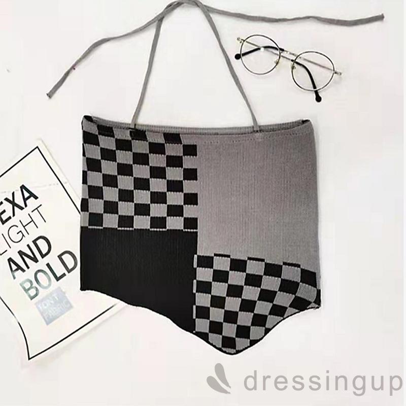 DRESSINGUP-Áo lửng buộc cổ thiết kế hoạ tiết vá caro thời trang xuân hè cho nữ dự tiệc câu lạc bộ
