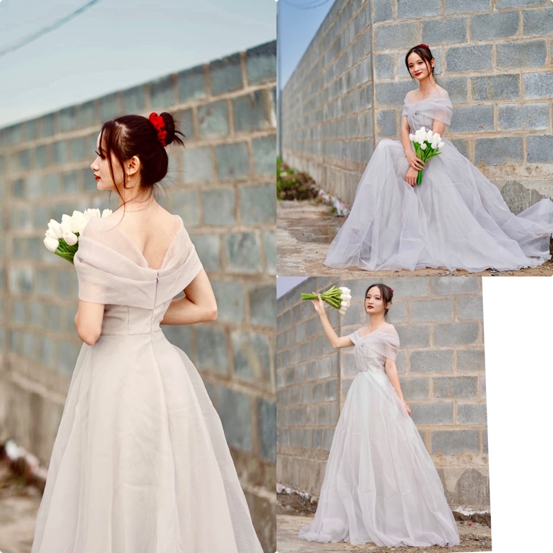 đầm maxi xám trể vai lạ mắt sang trong-hình thật sp 100%