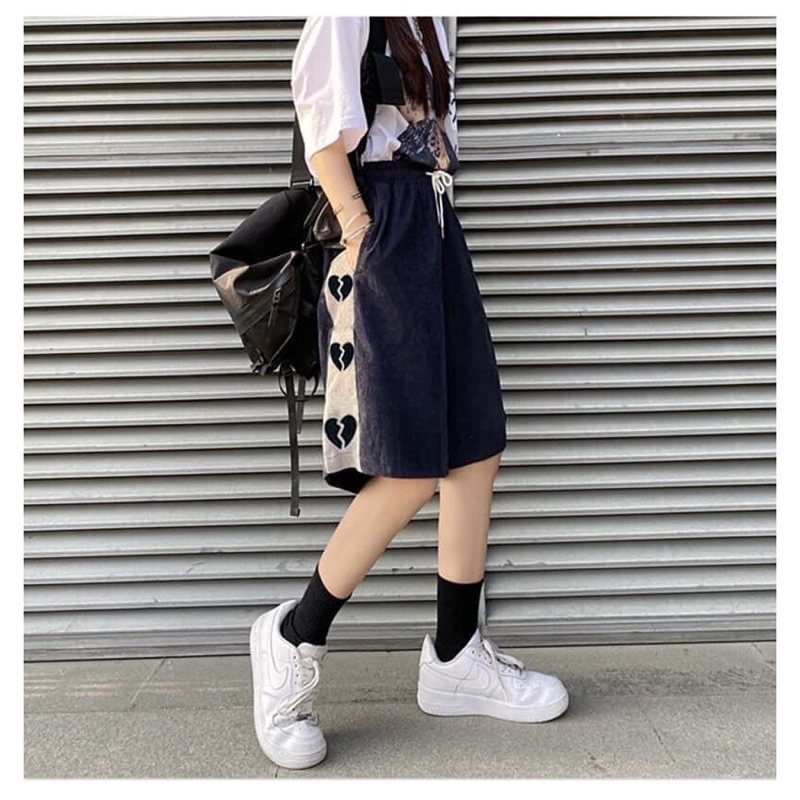 Quần short đùi nhung tăm hoạ tiết Trái Tim unisex nam nữ dáng rộng,quần short mặc nhà chơi thể thao