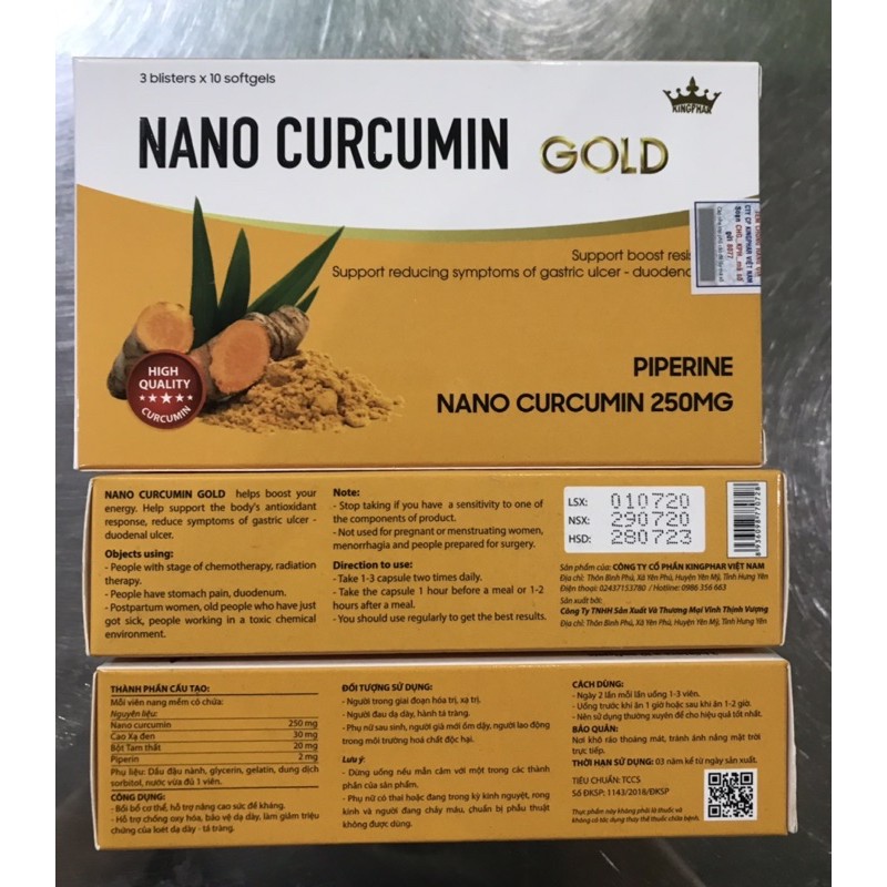 NANO CURCUMIN GOLD Kingphar - Giảm các triệu chứng viêm loét dạ dày- tá tràng ( Hộp 30 viên )