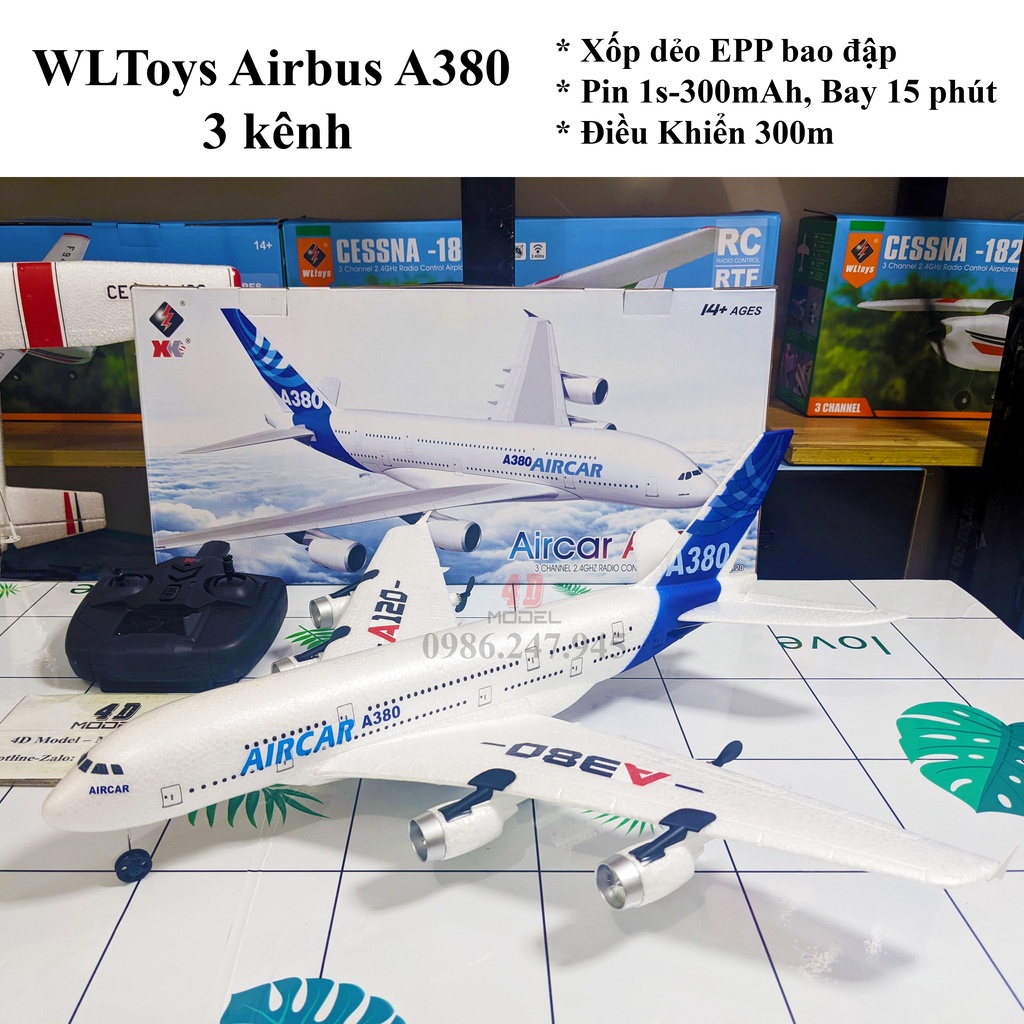 Máy Bay Điều Khiển 3 kênh Airbus A380 . Size 48*51*18cm. Pin 15 phút. Có mạch cân bằng, lái siêu dễ