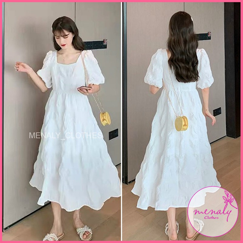 Váy trắng nữ cổ vuông tay bồng ulzzang VH023, mẫu váy hàn quốc dáng dài qua gối, babydoll bầu bí bon chen