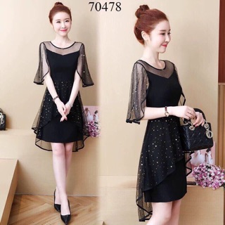 [Kèm ảnh thật] Đầm xoè phối lưới ánh kim tuyến (Free/big size M-2XL)
