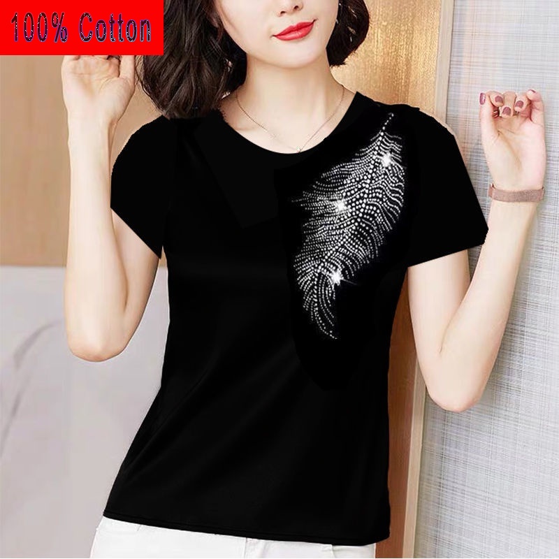 Áo Thun 100 cotton Màu Đen Tay Ngắn Cổ Tròn Cỡ Lớn Thời Trang Cho Phụ Nữ Trung Niên