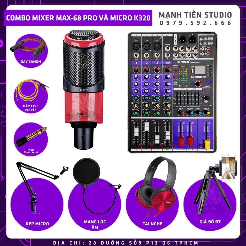 [Chính hãng] Combo thu âm hát karaoke online cực hay mixer max 68 và micro k320 tặng kèm full phụ kiện bảo hành 12 tháng