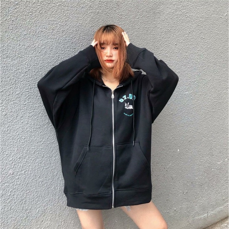 Áo khoác hoodie form rộng có khoá kéo, áo khoác nỉ cotton thêu 07.07