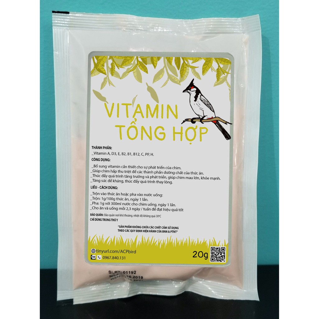 Vitamin Tổng Hợp Dành Cho Chim Cảnh, cu gáy, chào mào, khướu, vẹt, chích chòe, săn mồi, họa mi 20g Vitamin A D E C B