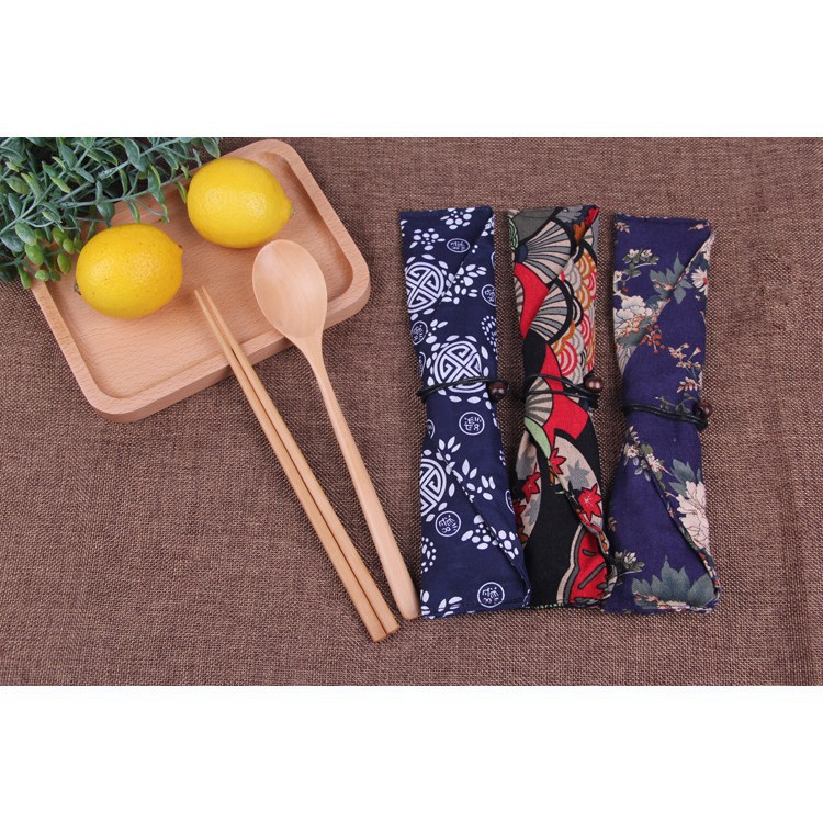 [SALE SẴN] Bộ muỗng thìa đũa cá nhân bằng gỗ kèm túi vải kiểu Hàn Quốc