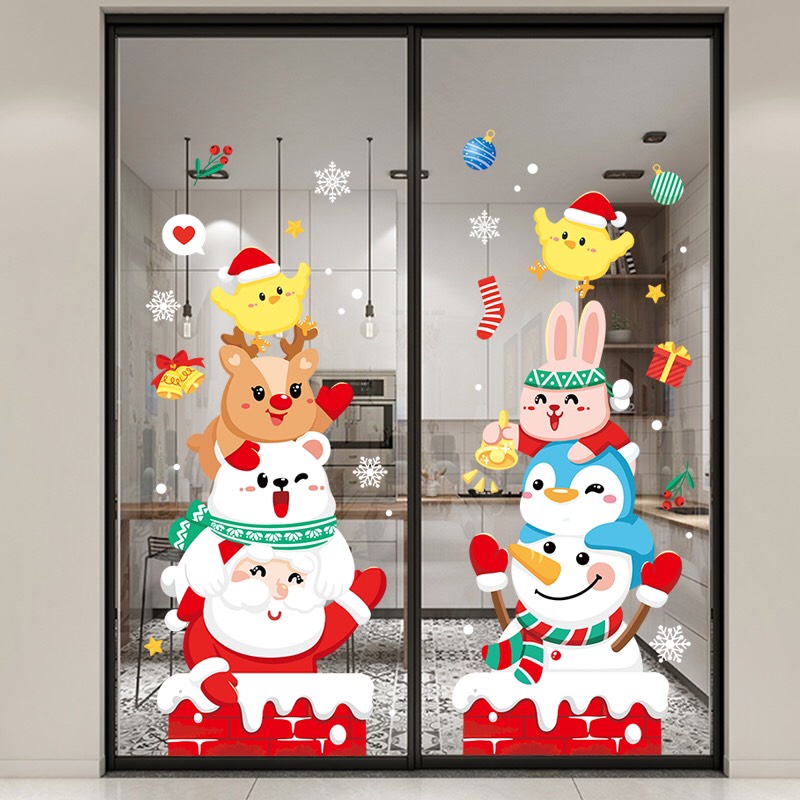 Decal dán tường Noel Hít Tĩnh Điện không Dơ Kính - Thỏ và nai đón chào giáng sinh cùng các bạn
