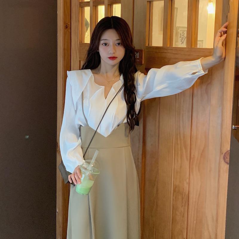 Bộ áo sơ mi + đầm yếm thời trang Hàn Quốc cho nữ (Có bán lẻ)