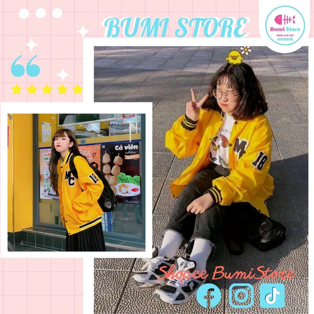 ẢNH THẬT ÁO KHOÁC DÙ BOMBER BÓNG CHÀY 2 LỚP UNISEX NAM NỮ TAY DÀI MÀU VÀNG CÓ NÚT [ BUMI STORE ]