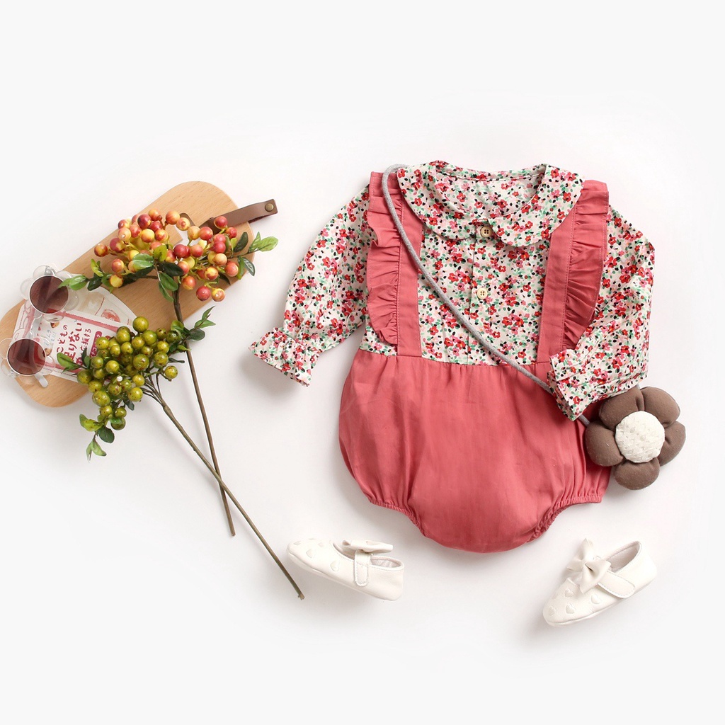 Bộ Áo Liền Quần Bằng Cotton In Hoa Màu Đỏ Mừng Năm Mới Dành Cho Bé Sơ Sinh 0400