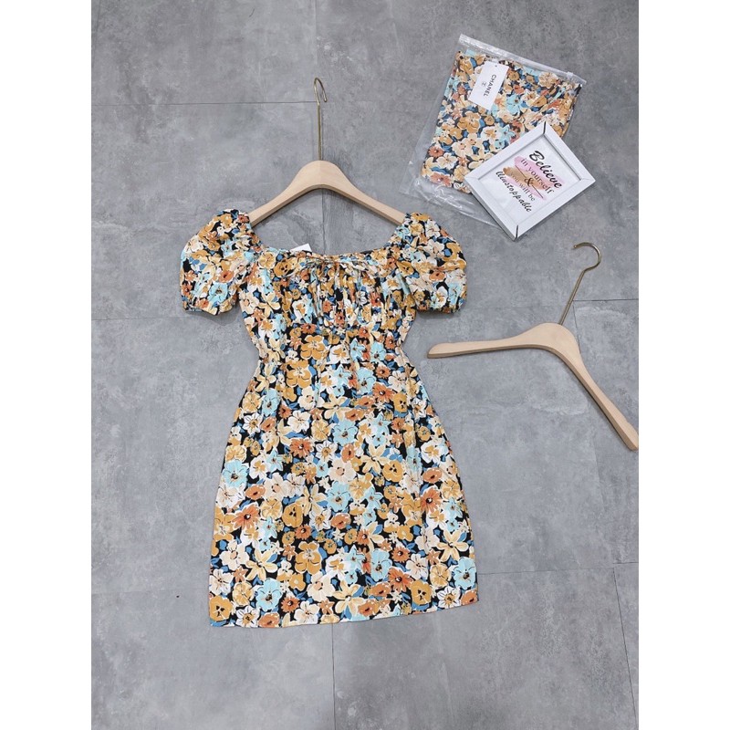 [Hàng Chuẩn] Váy Hoa Vàng Cổ Vuông Body, Đầm Hoa Tay Cộc Dáng Ôm Có Ảnh Thật Kèm Video | BigBuy360 - bigbuy360.vn