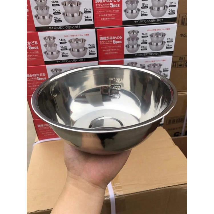 Bộ 5 Thau Chậu Inox Không Gỉ Có Chia Vạch Xuất Nhật Cao Cấp Siêu Bền