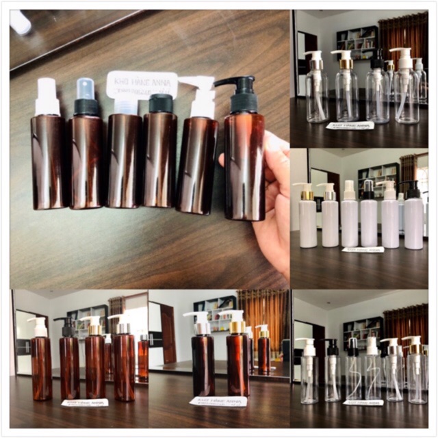 Chai lọ 100ml / 150ml màu nâu, trong suốt chiết mỹ phẩm- chai pet nhựa xịt sương/ xịt giọt/ nắp nhôm/ nắp bật/ xịt kính
