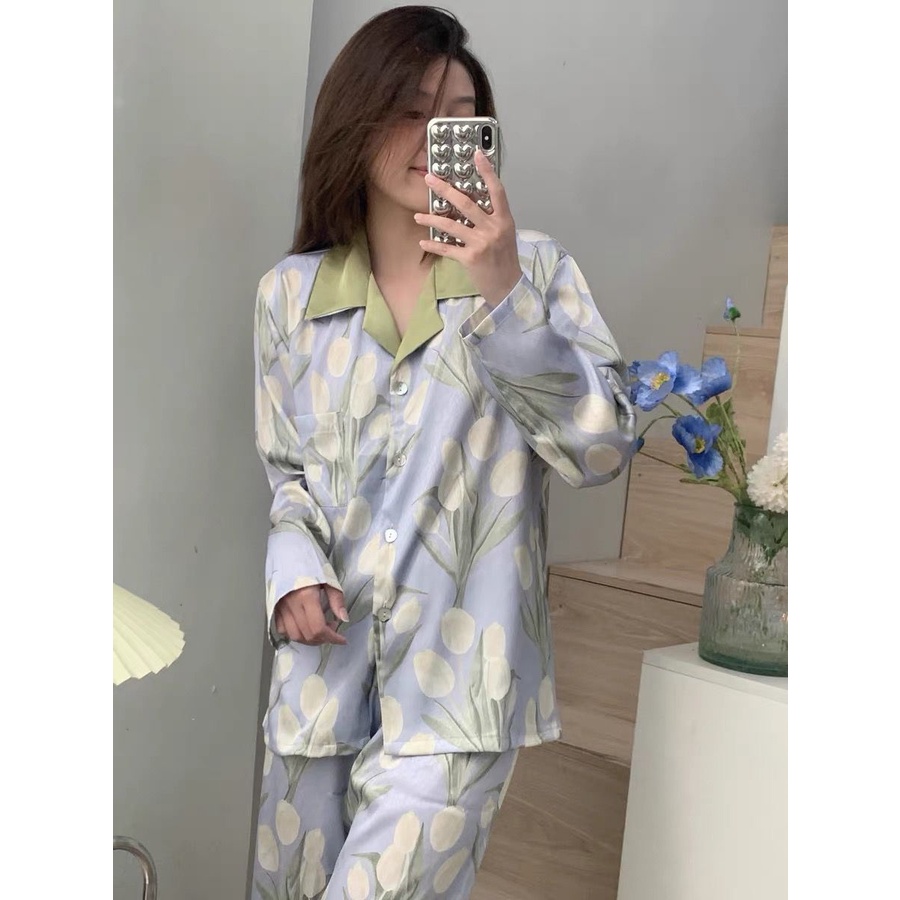 [Spot] Bộ Đồ Ngủ Dài Tay Bằng Lụa Băng Hoa tulip Thời Trang Hàn Quốc Có Thể Mặc Ở Nhà