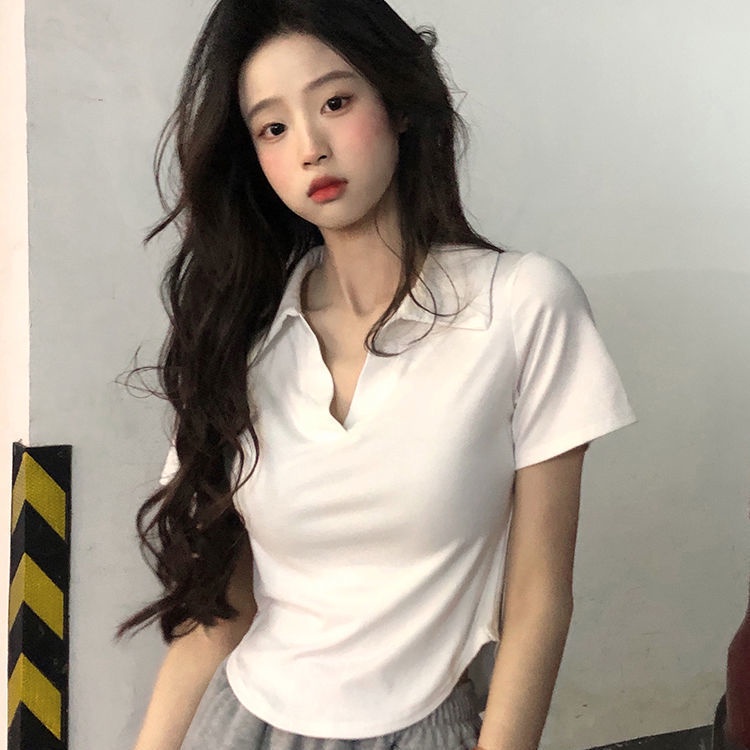 Áo Croptop Tay Ngắn Cổ Polo Thiết Kế Ôm Sát Quyến Rũ áo sơ mi cổ đứng